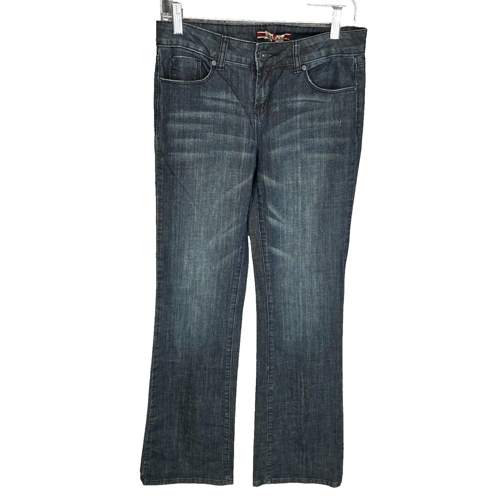 Makers Jeans Womens 27 Blue Flare Trouser Stretch Mid Rise Dark Wash Flap Pocket